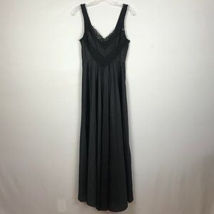 Long Silky Black Nightgown with Lace Detail